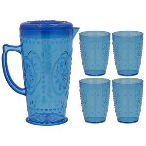 Smart Home Vintage Inspired Embossed Plastic Pitcher and Tumbler Set in Blue